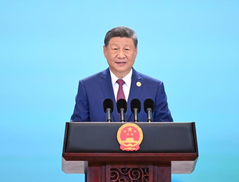 Chinese President Xi Jinping addresses a banquet to welcome international guests at the Meijiang Convention and Exhibition Center in Tianjin, north China, Aug. 31, 2025. Xi and his wife, Peng Liyuan, on Sunday hosted a banquet in China's port city of Tianjin to welcome international guests who are here to attend the Shanghai Cooperation Organization (SCO) Summit 2025. (Xinhua/Xie Huanchi)