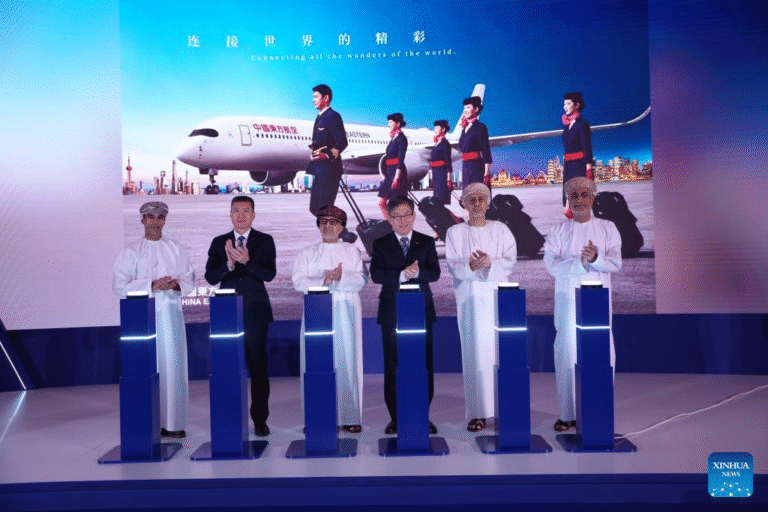 Guests attend a ceremony marking the launch of China Eastern Airlines' direct flight between China's capital Beijing and Muscat, in Muscat, capital of Oman, on Dec. 1, 2025. (Chinese Embassy in Oman/Handout via Xinhua)
