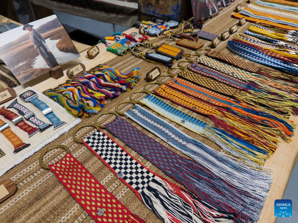 This photo taken on April 11, 2026 shows textiles featuring Tibetan cultural elements at a shop of Jiaru, a Chengdu-based lifestyle brand, in Chengdu, southwest China's Sichuan Province. (Xinhua/Tang Wenhao)